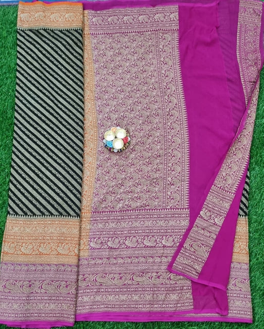 Banaras pure georgette black colour all over zari woven saree with multi colour zari woven border and pallu