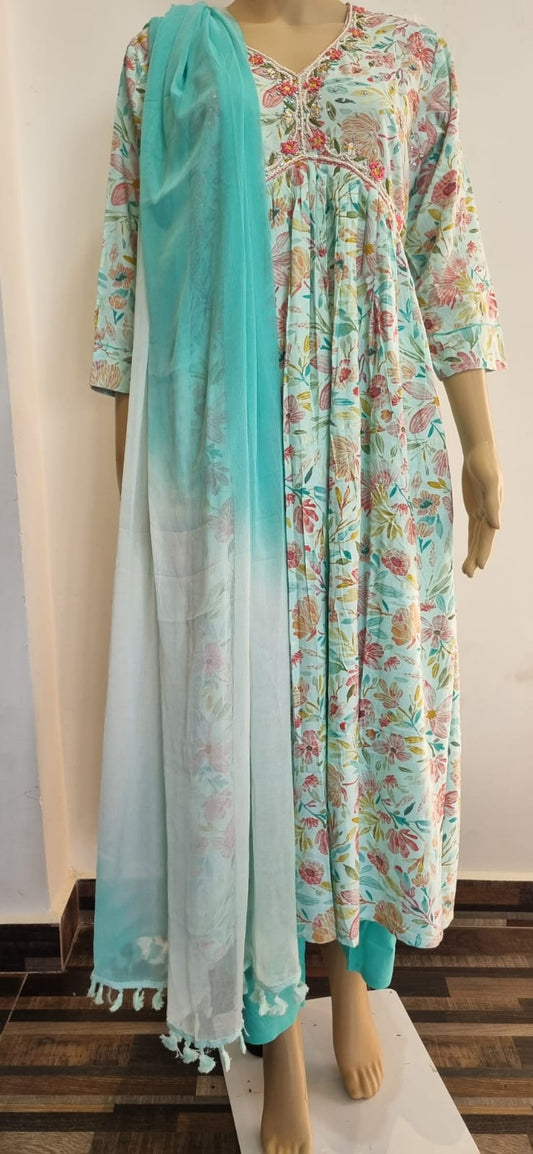 Women's Mul Cotton Sea Green Alia Cut Dress