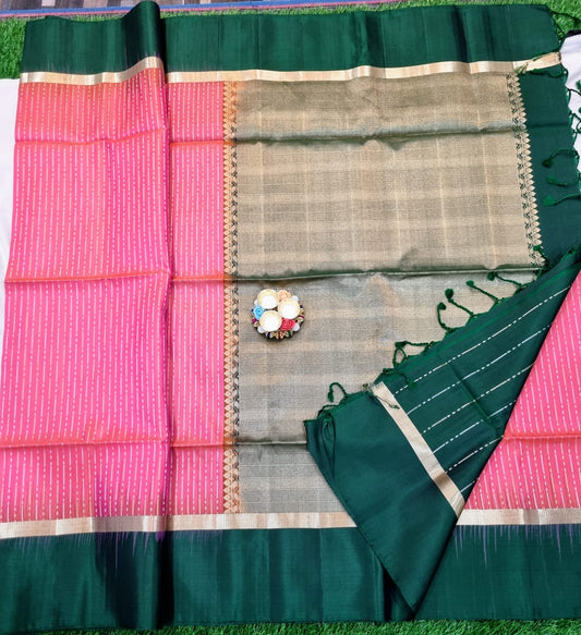 Soft silk pink colour saree with silver and golden zari weaves with simple bottle green border and rich pallu