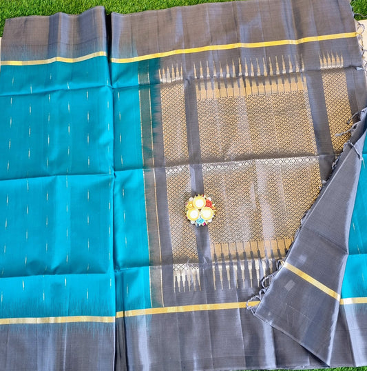 Soft Silk Teal Green Saree with Silver and Golden Zari weaves with Simple Grey Border and Pallu
