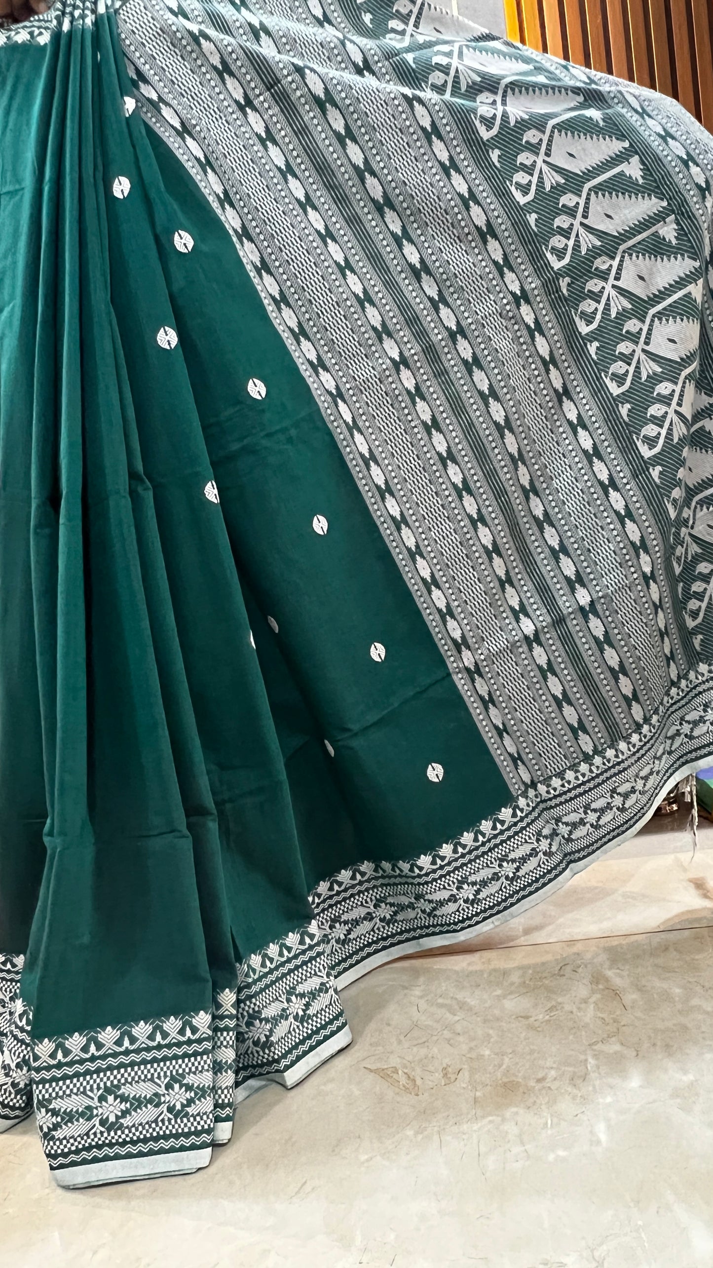 Green colour pure jamdani khaadi cotton saree