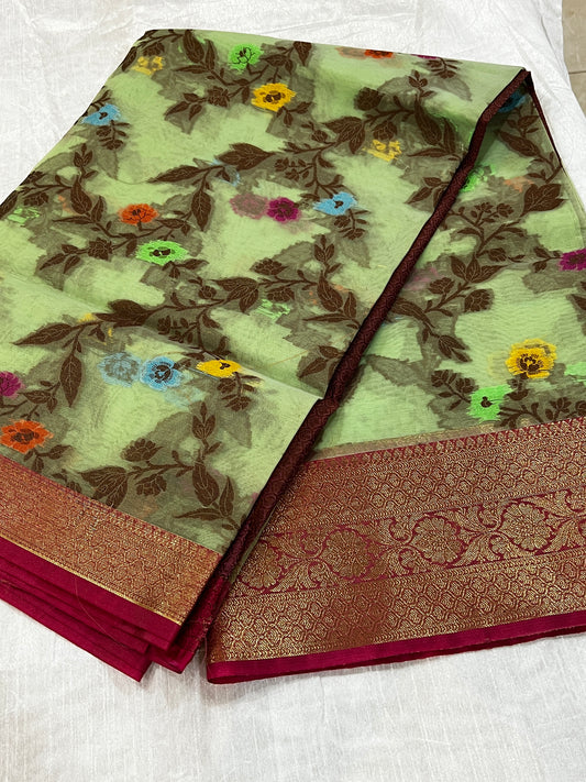 Pista colour organza banaras saree with floral jaal