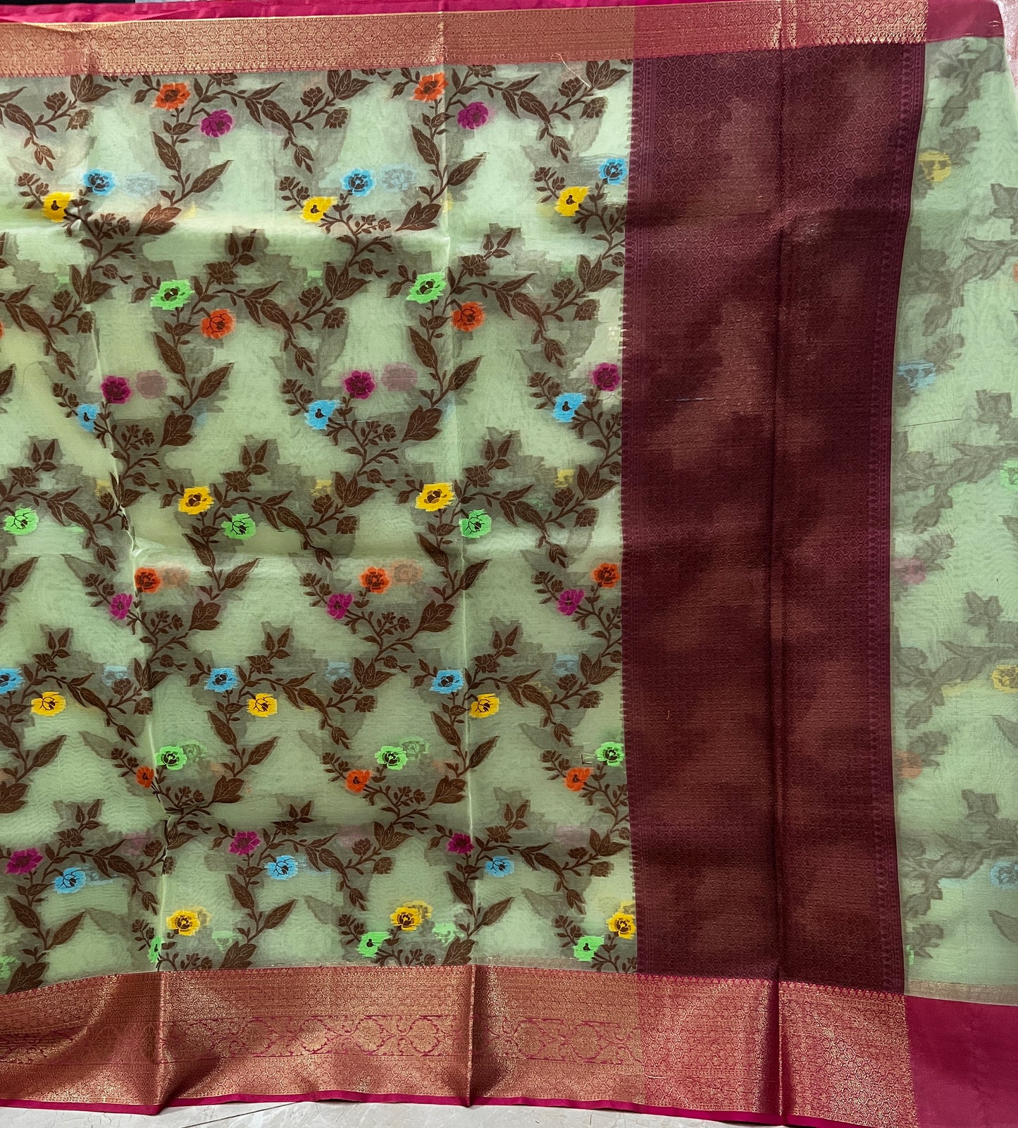 Pista colour organza banaras saree with floral jaal