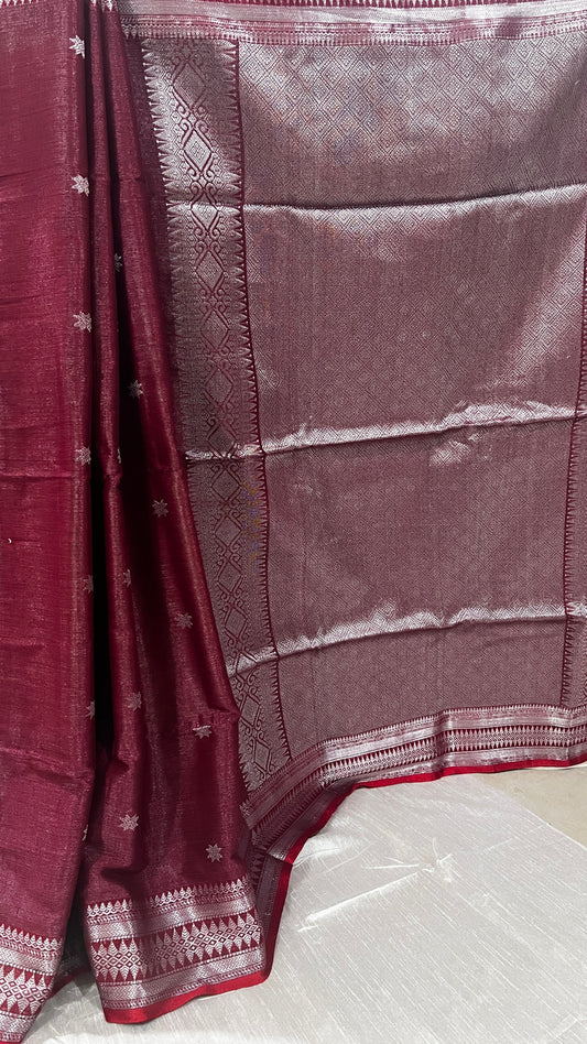 Reddish maroon colour Nakshatra Khadi Saree with silver zari border and pallu